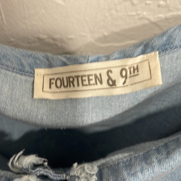 Off the shoulders torn lightweight denim button up shirt size large. - Picture 5 of 6